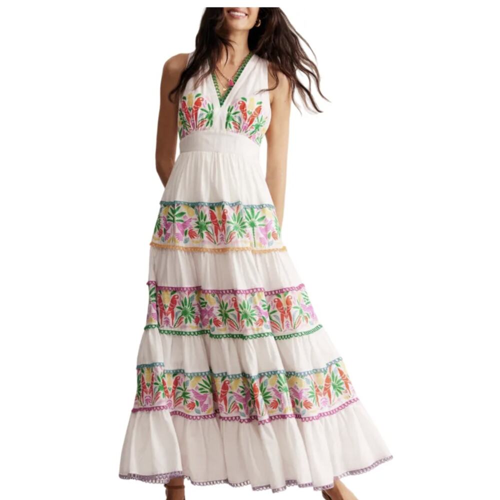 Boden White Maxi Dress with Multicolor Floral Embroidery